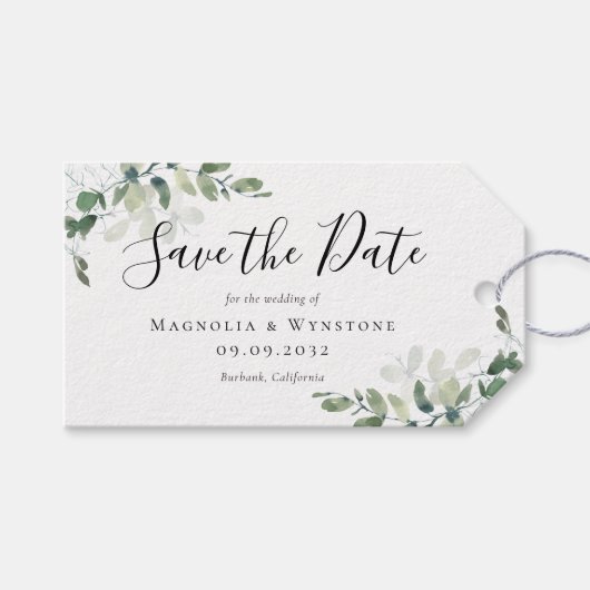 Kraft Eukalyptus Watercolor Wedding Save the Date Geschenkanhänger (Vorderseite (Horizontal))
