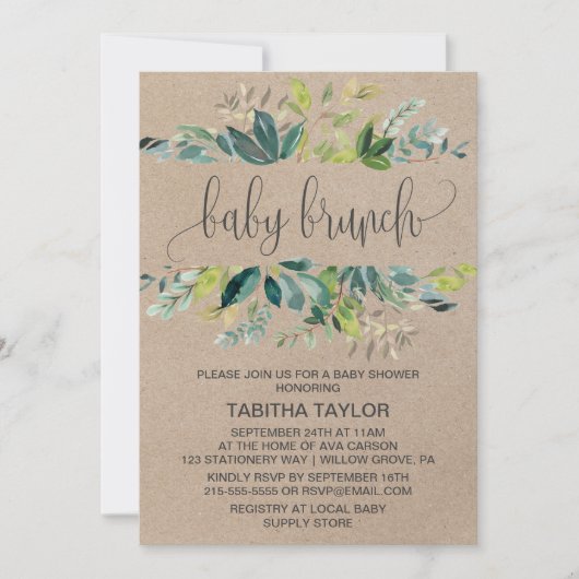 Kraft Foliage Baby Brunch Einladung (Vorderseite)