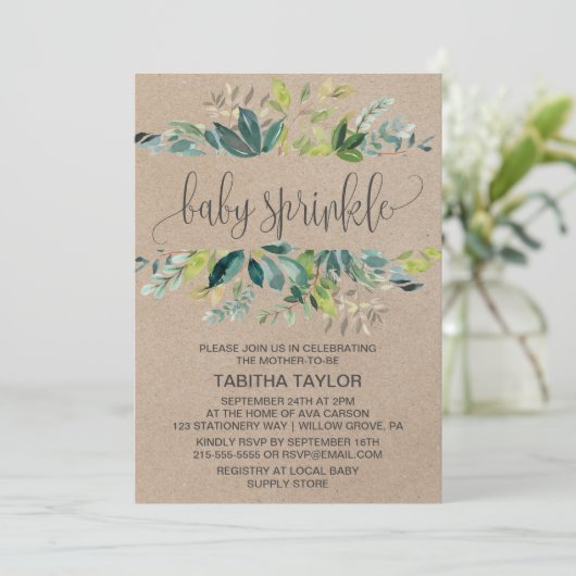Kraft Foliage Baby Sprinkle Einladung (Stehend Vorderseite)