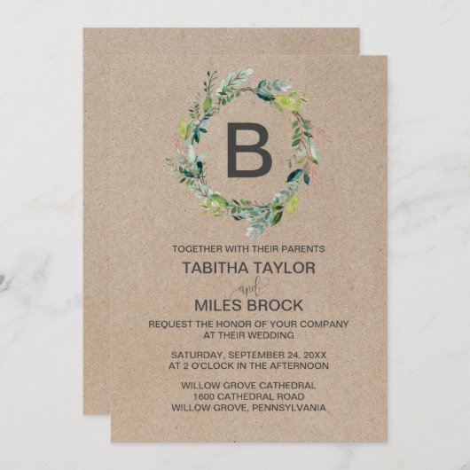 Kraft Foliage Monogram Wreath Wedding Einladung (Vorne/Hinten)