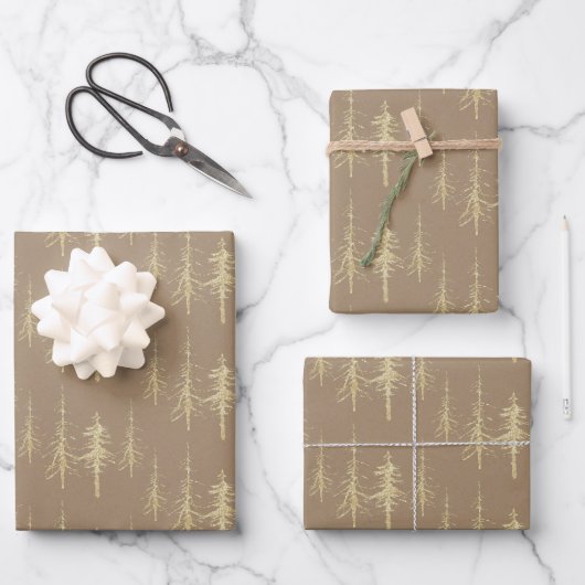 Kraft Gold Woodland knarrt spruce Trees Geschenkpapier Set (Vorderseite)