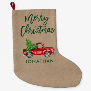Kraft Green Bürstenschrift Vintage-Rotlastwagen Ba Großer Weihnachtsstrumpf