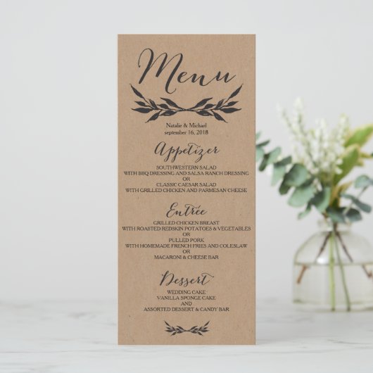 Kraft Greenery Wedding Menu Card Menükarte (Stehend Vorderseite)