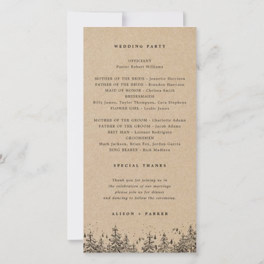 Kraft Hand gezeichnet Bergkiefern Hochzeitsprogram (Rückseite)