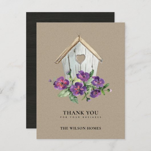 KRAFT HOLZ FLORAL BIRDHOUSE REALTOR DANKE ANKÜNDIGUNGSPOSTKARTE (Vorne/Hinten)