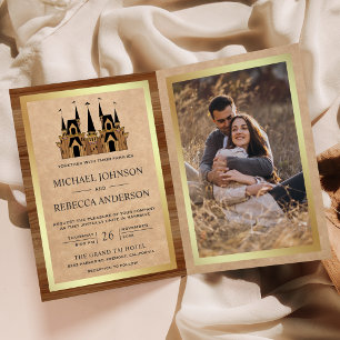 Kraft Holz Märchenschloss Foto QR Code Hochzeit Einladung