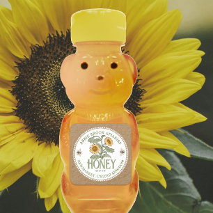 Kraft Honey Bear Label Vintag Sonnenblumen und Bie Quadratischer Aufkleber