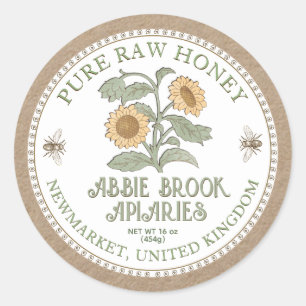 Kraft Honey Jar Label Vintag Sonnenblumen und Bien Runder Aufkleber