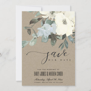 KRAFT IVORWHITE AQUA FLORAL WATERCOLOR BUNCH SAVE THE DATE