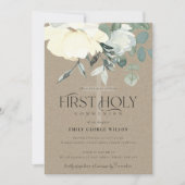 KRAFT IVORY WHITE AQUA FLORAL ERSTER HOLY COMMUNIO EINLADUNG (Vorderseite)