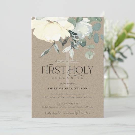 KRAFT IVORY WHITE AQUA FLORAL ERSTER HOLY COMMUNIO EINLADUNG (Stehend Vorderseite)