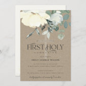 KRAFT IVORY WHITE AQUA FLORAL ERSTER HOLY COMMUNIO EINLADUNG (Vorne/Hinten)