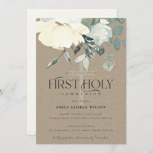 KRAFT IVORY WHITE AQUA FLORAL ERSTER HOLY COMMUNIO EINLADUNG (Vorne/Hinten)