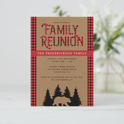 Kraft Karierter Bär Rustic Family Wiedersehen Einladung (Stehend Vorderseite)
