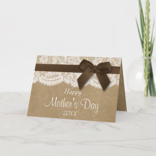 Kraft, Lace & Brown Bow Happy Mother Day Karte (Vorderseite)