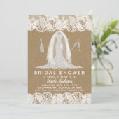 Kraft & Lace Diamond Wedding Dress Brautparty Einladung (Stehend Vorderseite)