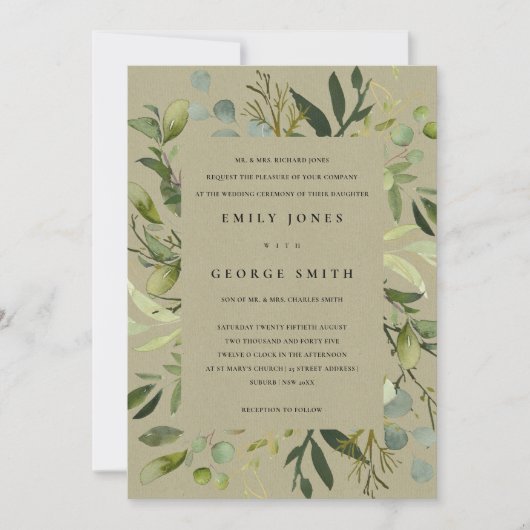 KRAFT LEAFY FRAME GREEN FOLIAGE WATERCOLOR WEDD EINLADUNG (Vorderseite)