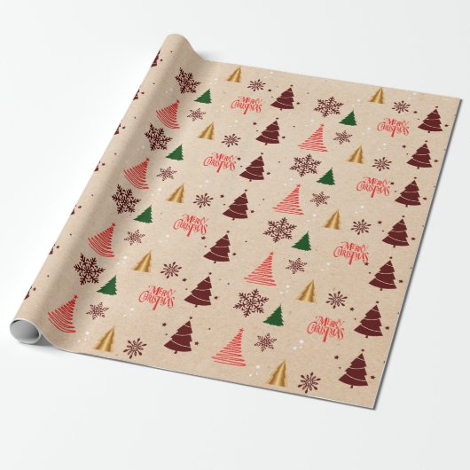 Kraft Moderner Weihnachtsbaum und Schneeflocken Ge Geschenkpapier (Ungerollt)