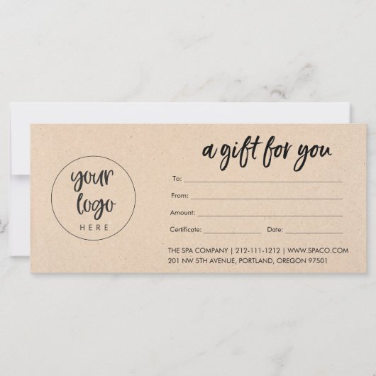 Kraft-Modernes Geschenkzertifikat mit Logo (Vorderseite)