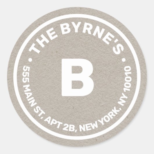 Kraft Monogram Address Classic Round Aufkleber (Vorderseite)