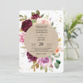 Kraft Moody & Rustic Burgundy Floral Frame & Gold Einladung (Stehend Vorderseite)