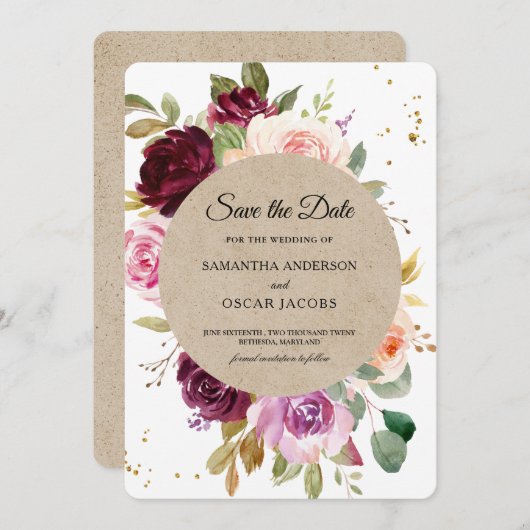 Kraft Moody & Rustic Burgundy Floral Frame & Gold Save The Date (Vorne/Hinten)