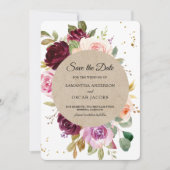 Kraft Moody & Rustic Burgundy Floral Frame & Gold Save The Date (Vorderseite)