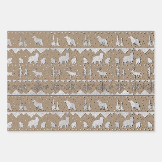 Kraft Nordic Sweater Winter Animals angehoben Silb Geschenkpapier Set (Vorderseite)