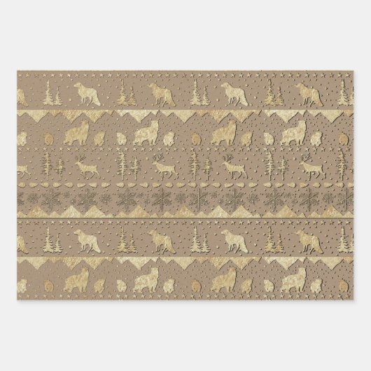Kraft Nordic Sweater Winter Animals erhöhen Gold Geschenkpapier Set (Vorderseite)