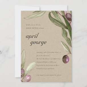 KRAFT OLIVE WATERCOLOR FOLIAGE BABY SHOWITE INVITE DANKESKARTE