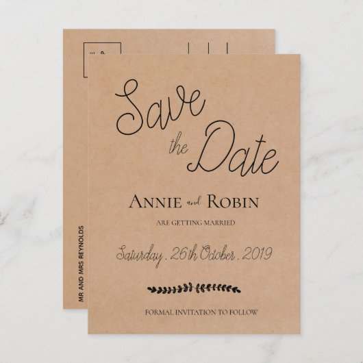 Kraft Paper Custom Script Wedding Save the Date Postkarte (Vorne/Hinten)