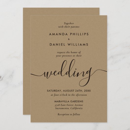 Kraft Paper Elegant Script Wedding Einladung (Vorne/Hinten)