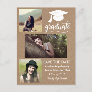 Kraft Paper Graduate   Save the Date drei Foto Postkarte