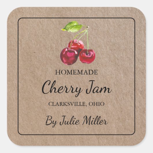 Kraft Paper Homemade Cherry Jam Square Label Quadratischer Aufkleber (Vorderseite)