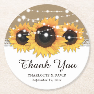 Kraft Paper Lace String Lights Sonnenblume Hochzei Runder Pappuntersetzer