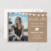 Kraft Paper Lights Script Graduate | Save The Date Postkarte (Vorne/Hinten)