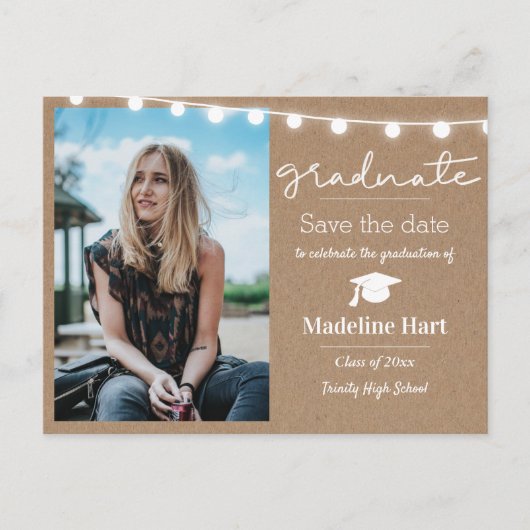 Kraft Paper Lights Script Graduate | Save The Date Postkarte (Vorderseite)