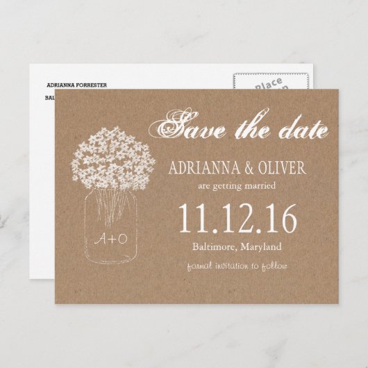 Kraft Paper Mason Jar Blume Save the Date Ankündigungspostkarte (Vorne/Hinten)