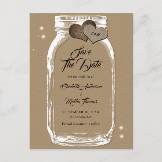 Kraft Paper Mason Jar Wedding speichern das Datum Ankündigungspostkarte (Vorderseite)