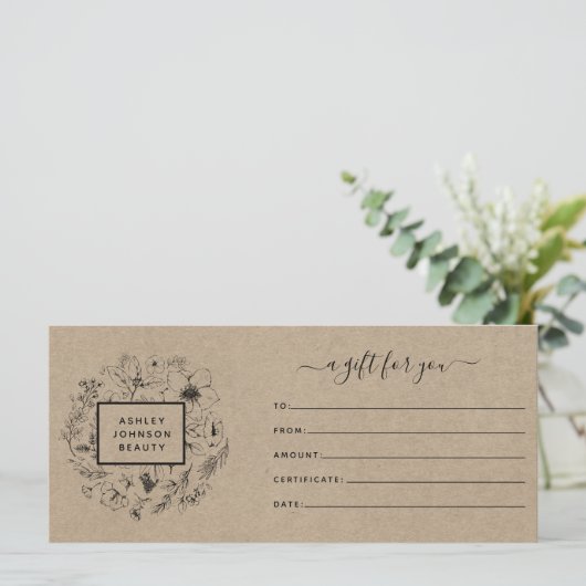 Kraft Paper Modern Botanic Gift Certificate (Stehend Vorderseite)