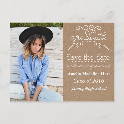 Kraft Paper Script Graduate | Save the Date Foto Ankündigungspostkarte (Vorderseite)