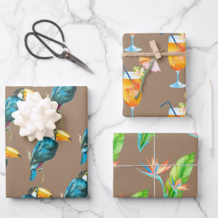 Kraft Paper Tropical Cocktails Toucans im Paradies Geschenkpapier Set