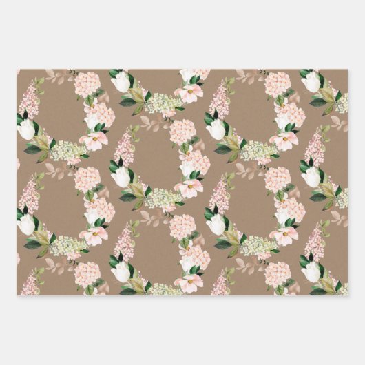 Kraft Paper Wasserfarbe Rosa Grünkränze Geschenkpapier Set (Vorderseite)