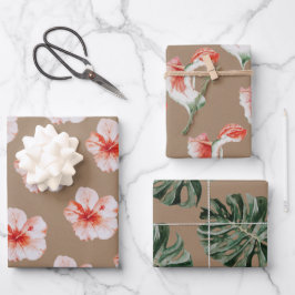 Kraft Paper Watercolor Tropical Hibiskus Monstera Geschenkpapier Set