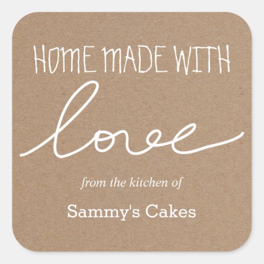 Kraft Paper Zuhause aus Liebe Typografie Quadratischer Aufkleber (Vorderseite)