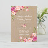 Kraft Pink Blush Floral Gold Hochzeit einladen (Stehend Vorderseite)