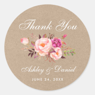 Kraft Pink Blush Floral Hochzeit Danke Runder Aufkleber