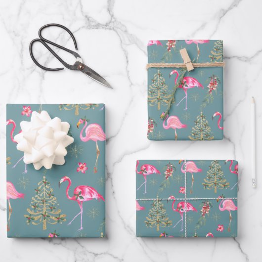 Kraft Pink Flamingos Mingling an einem Weihnachtsf Geschenkpapier Set (Vorderseite)