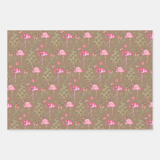 Kraft Pink Flamingos Mingling an einem Weihnachtsf Geschenkpapier Set (Vorderseite 3)