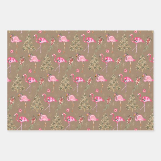 Kraft Pink Flamingos Mingling an einem Weihnachtsf Geschenkpapier Set (Vorderseite 2)